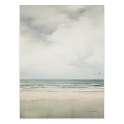 Premium Poster of Serene Beach Scene with Cloudy Sky and Flying Birds Posters