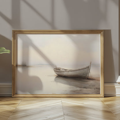 Premium Poster of Serene Boat on Misty Lake Landscape Art Posters