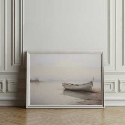 Premium Poster of Serene Boat on Misty Lake Landscape Art Posters