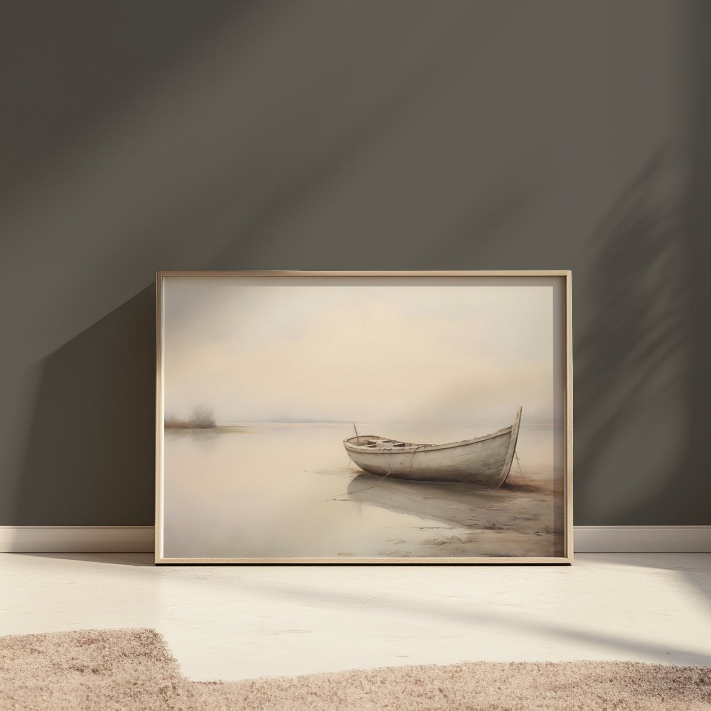 Premium Poster of Serene Boat on Misty Lake Landscape Art Posters