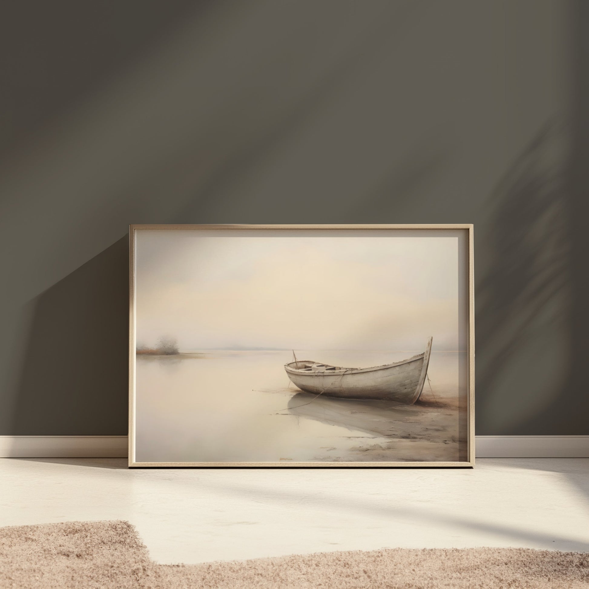 Premium Poster of Serene Boat on Misty Lake Landscape Art Posters
