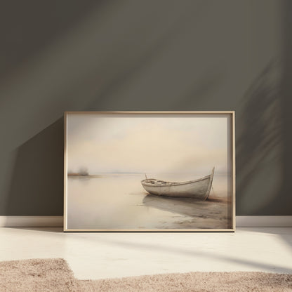 Premium Poster of Serene Boat on Misty Lake Landscape Art Posters