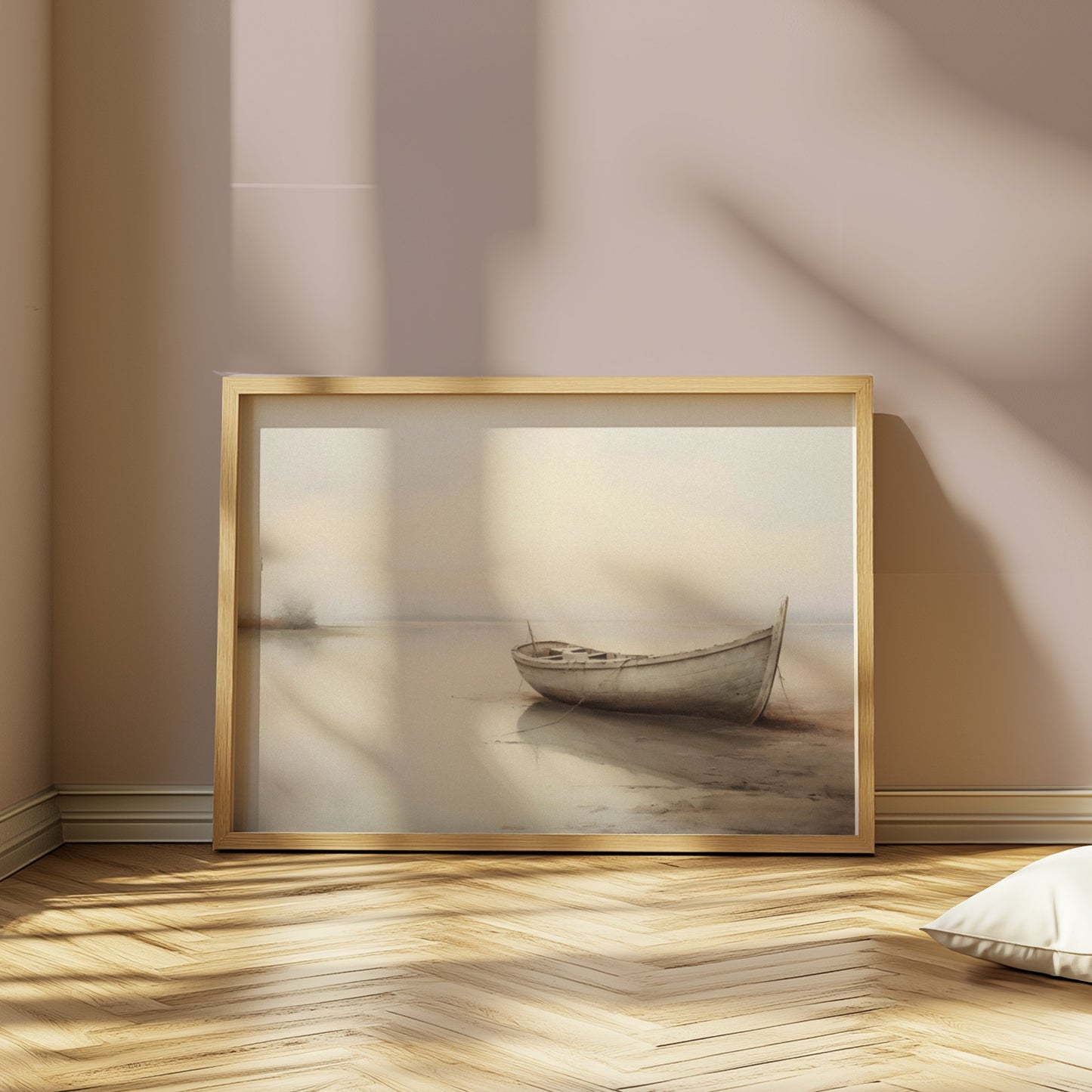 Premium Poster of Serene Boat on Misty Lake Landscape Art Posters