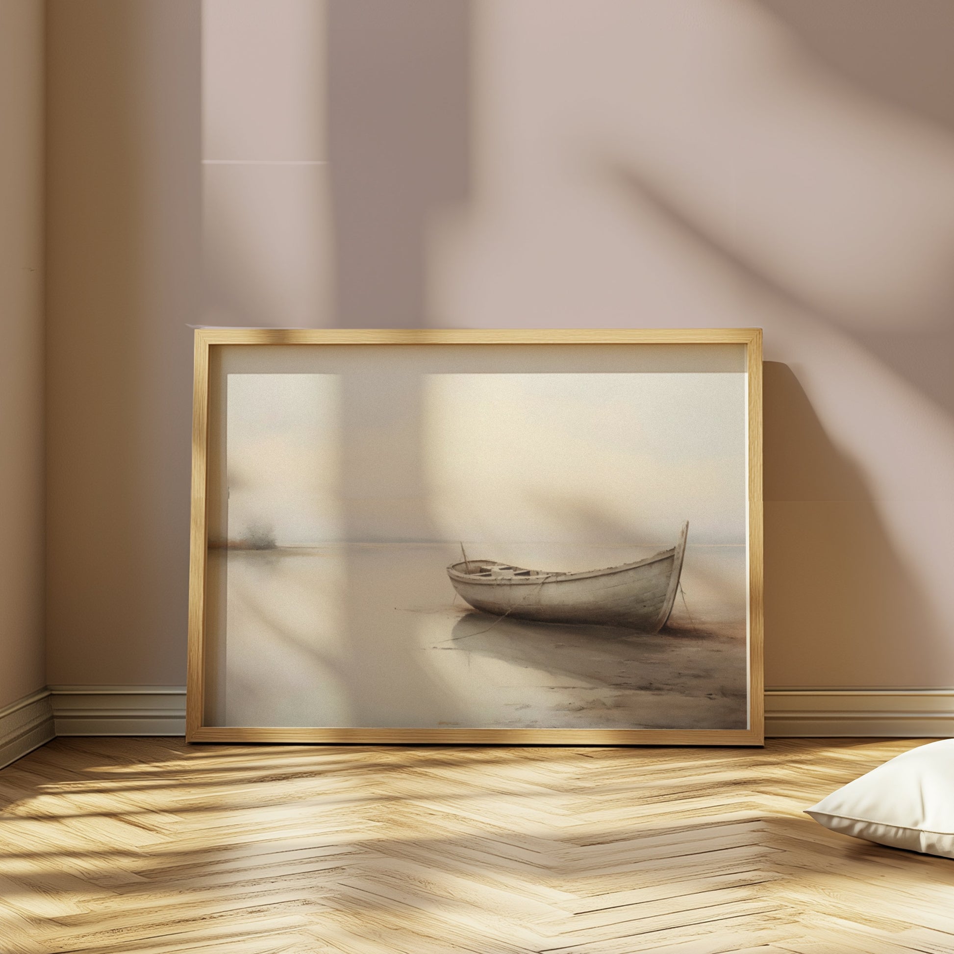 Premium Poster of Serene Boat on Misty Lake Landscape Art Posters