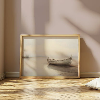 Premium Poster of Serene Boat on Misty Lake Landscape Art Posters