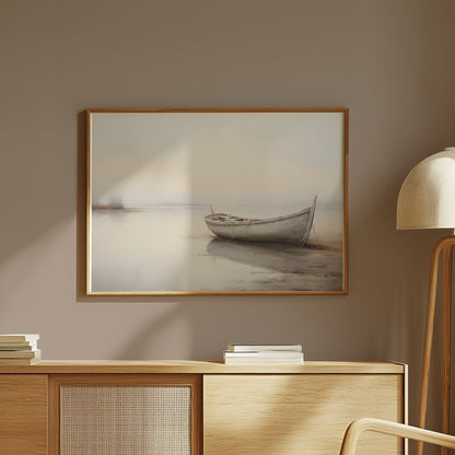 Premium Poster of Serene Boat on Misty Lake Landscape Art Posters