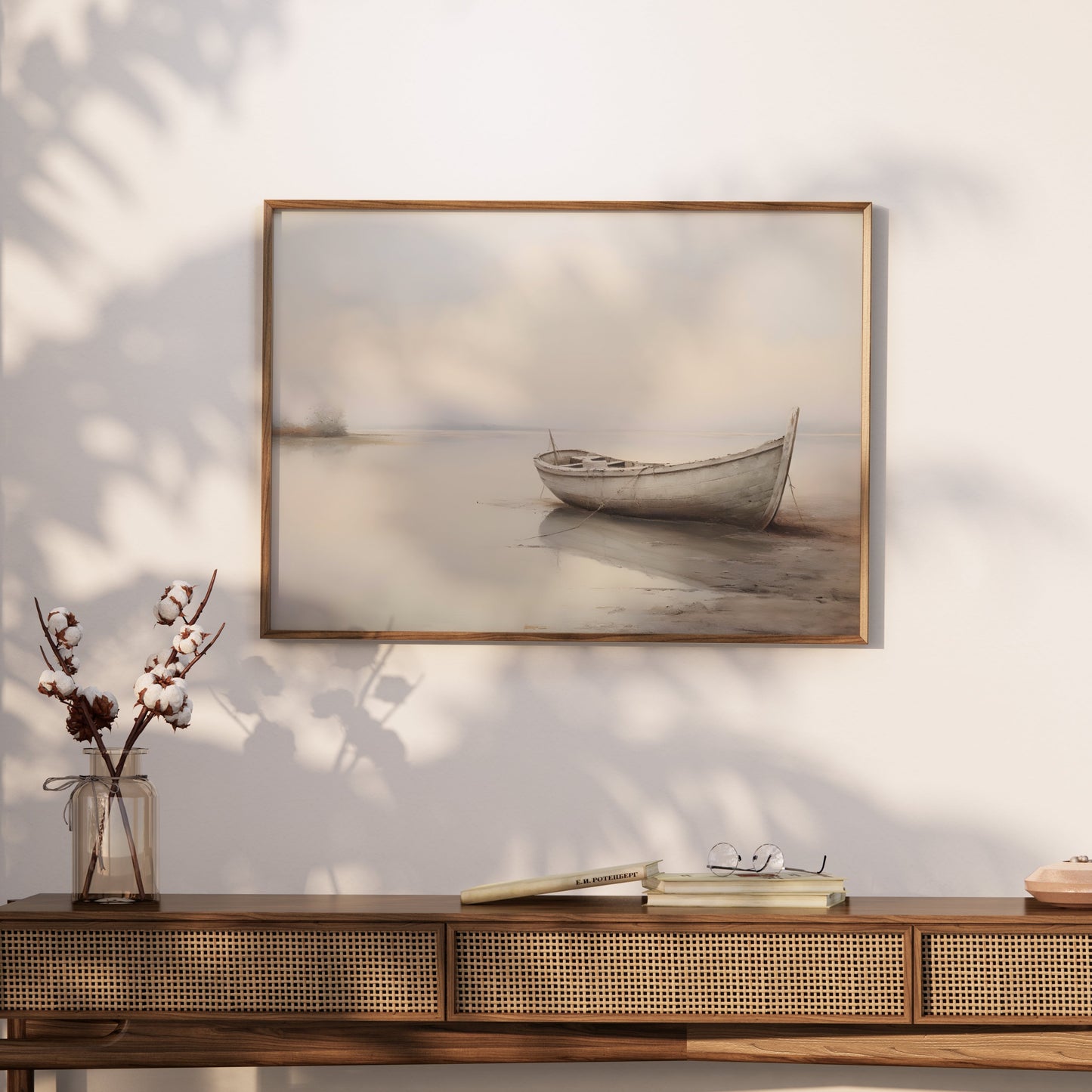 Premium Poster of Serene Boat on Misty Lake Landscape Art Posters