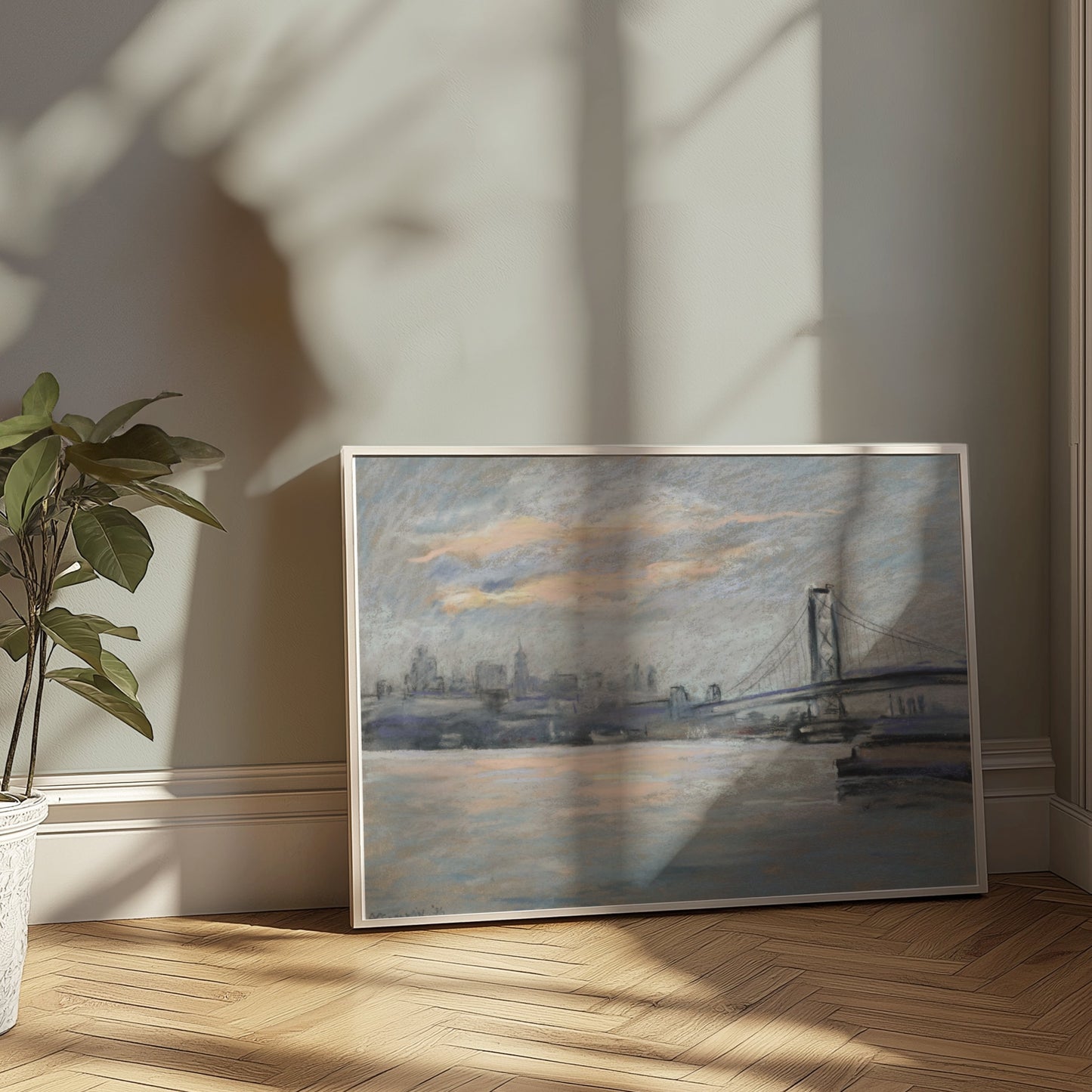 Premium Poster of Serene Cityscape with Bridge and River View Posters