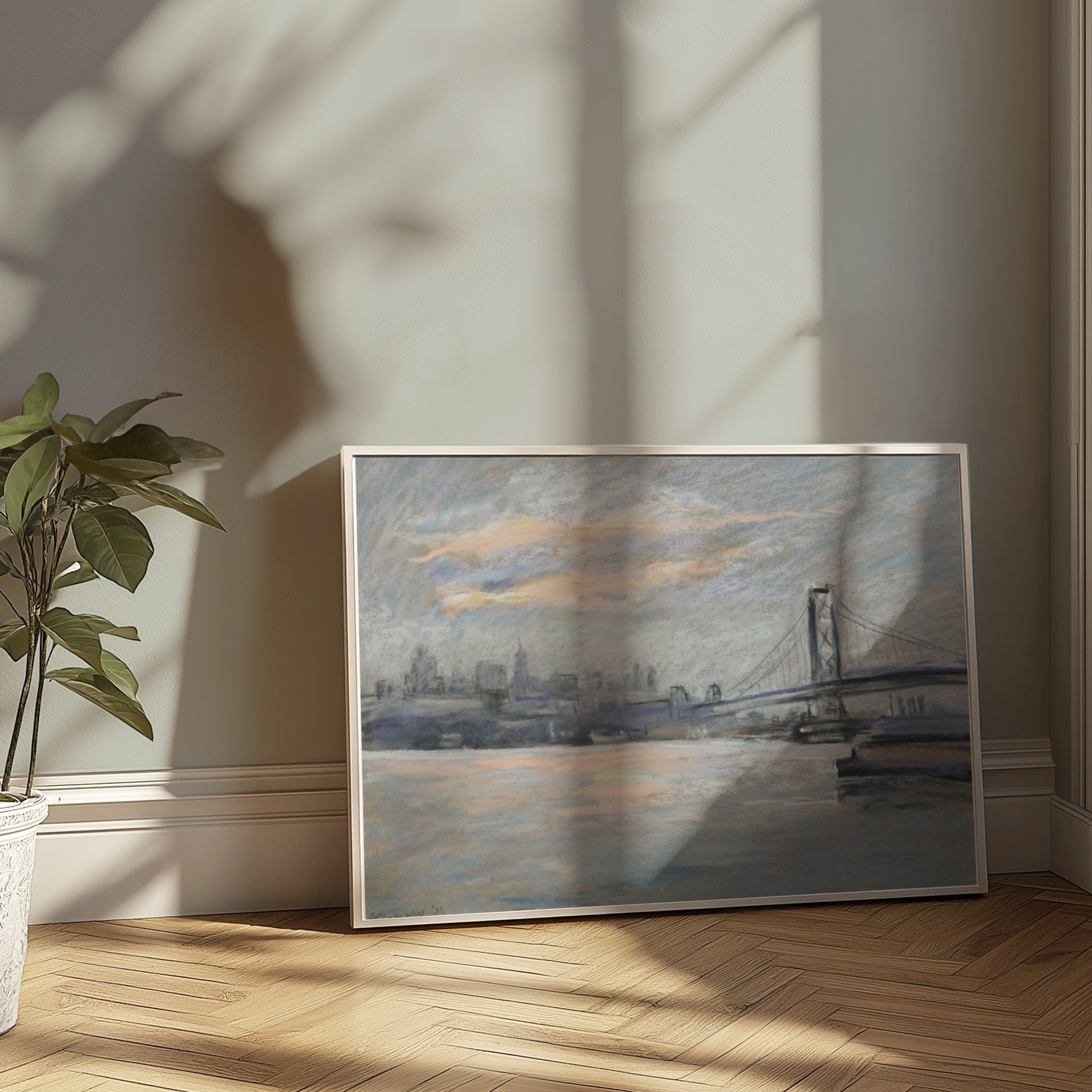 Premium Poster of Serene Cityscape with Bridge and River View Posters