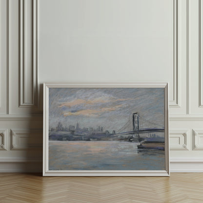 Premium Poster of Serene Cityscape with Bridge and River View Posters
