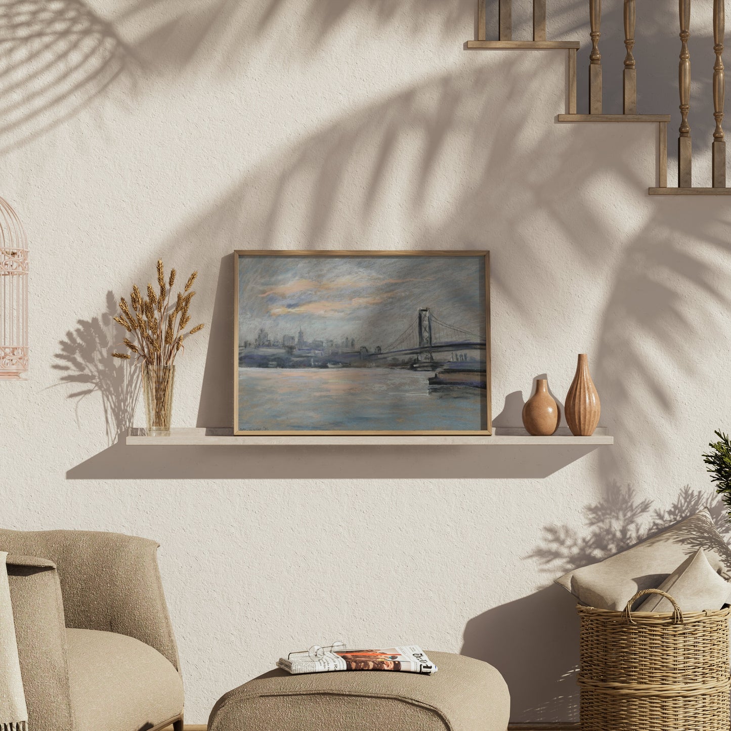 Premium Poster of Serene Cityscape with Bridge and River View Posters