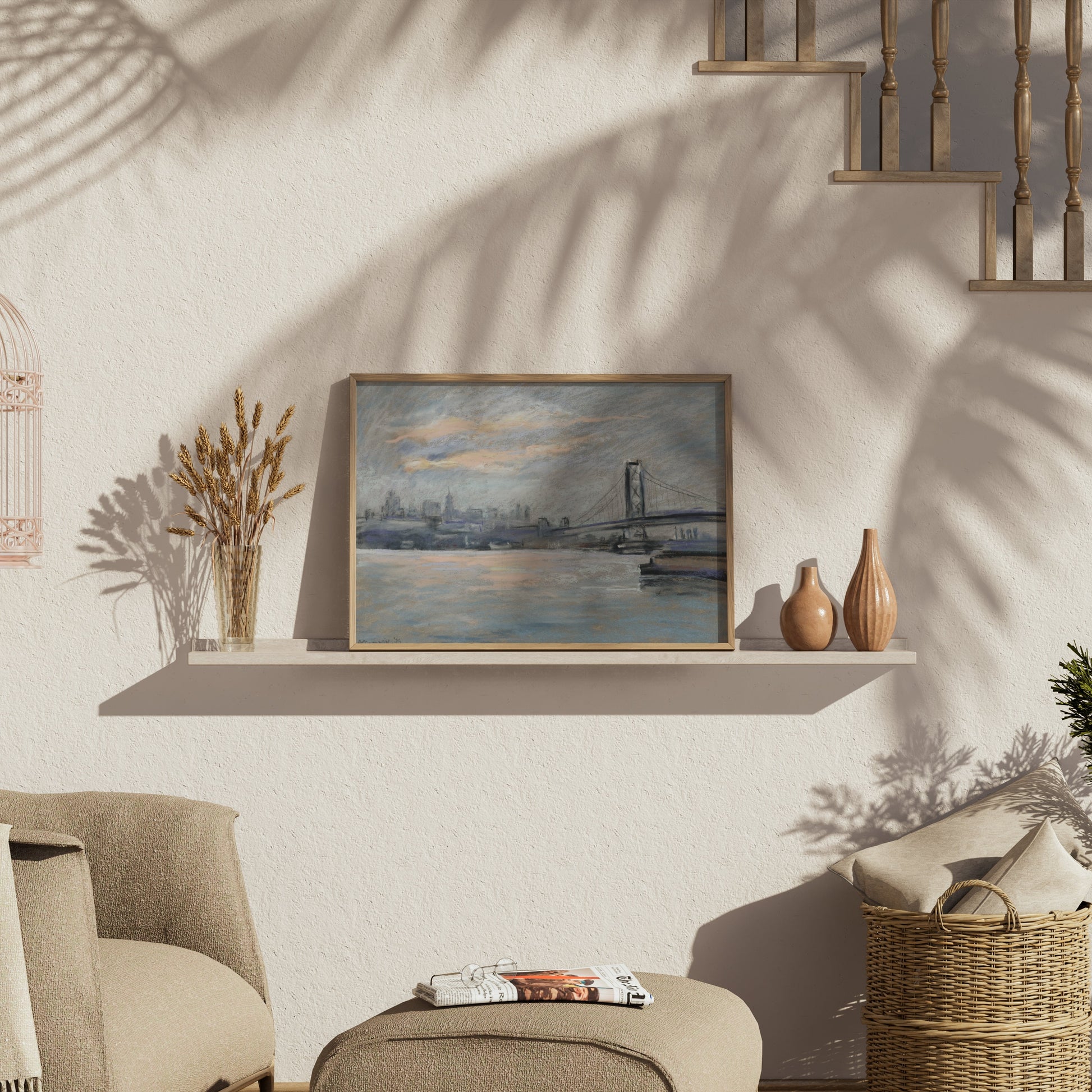 Premium Poster of Serene Cityscape with Bridge and River View Posters
