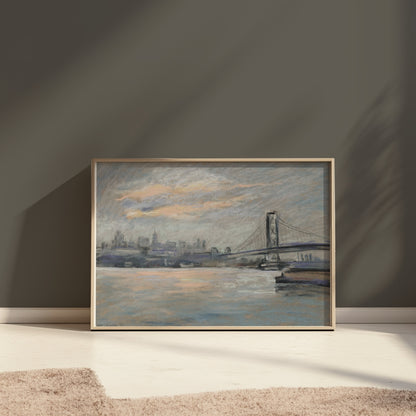 Premium Poster of Serene Cityscape with Bridge and River View Posters