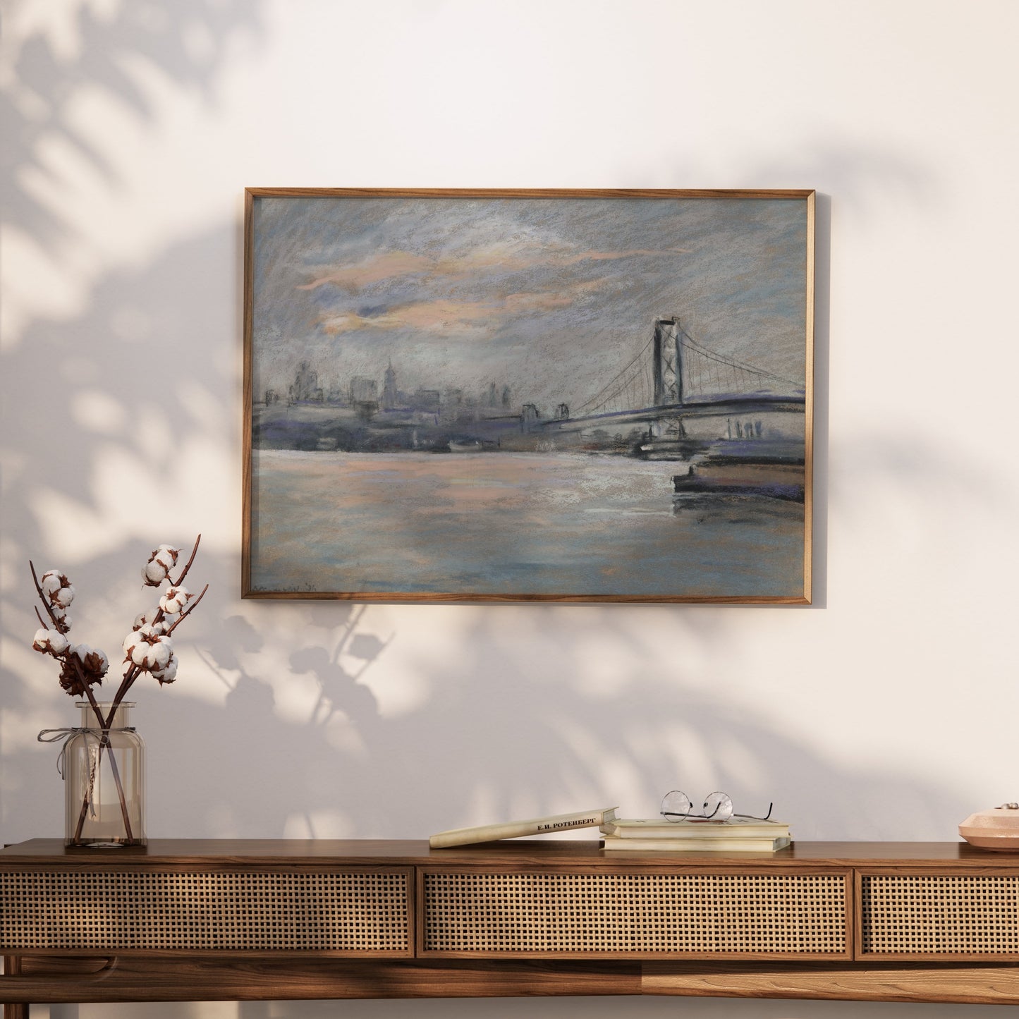 Premium Poster of Serene Cityscape with Bridge and River View Posters