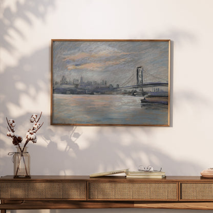 Premium Poster of Serene Cityscape with Bridge and River View Posters