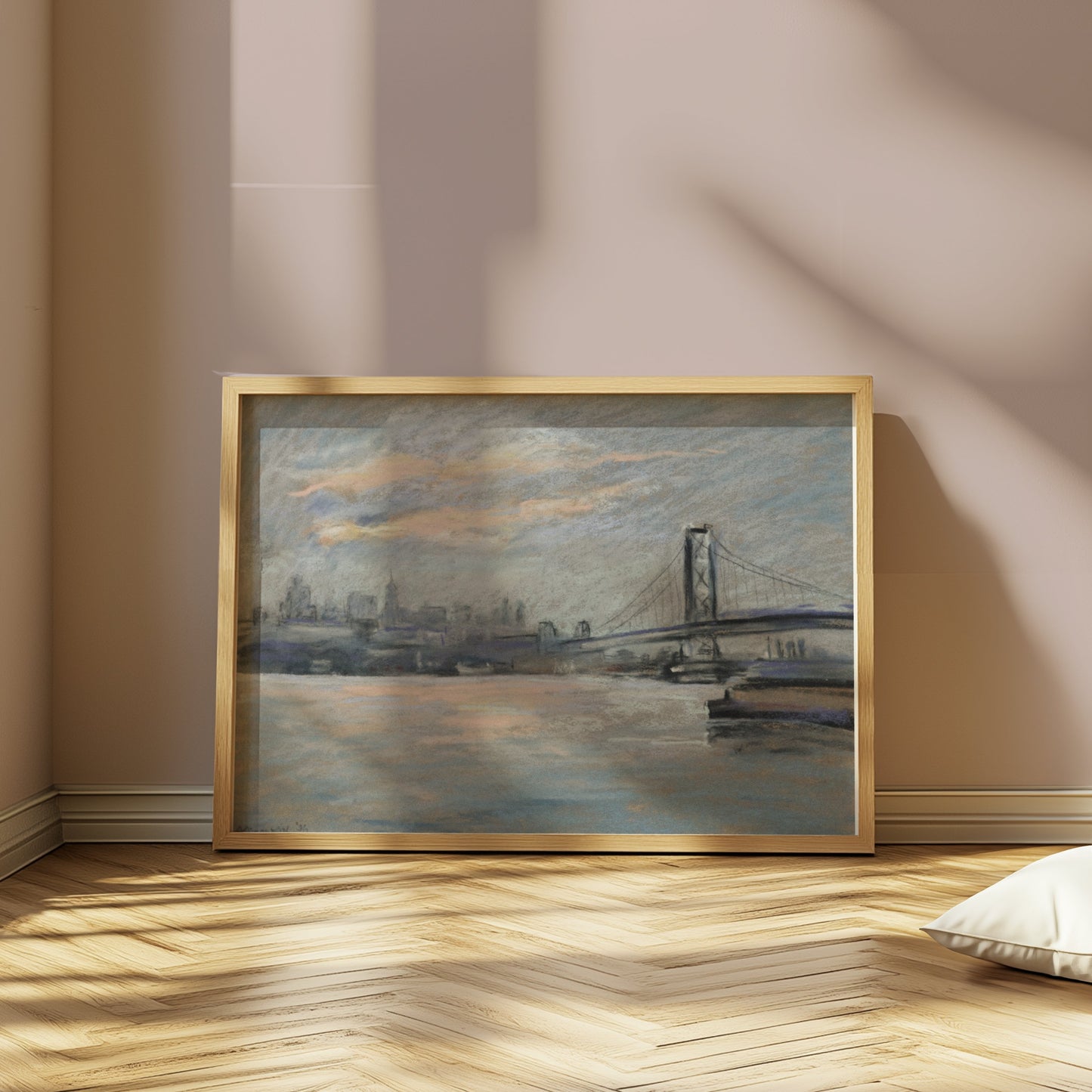 Premium Poster of Serene Cityscape with Bridge and River View Posters
