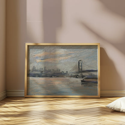 Premium Poster of Serene Cityscape with Bridge and River View Posters