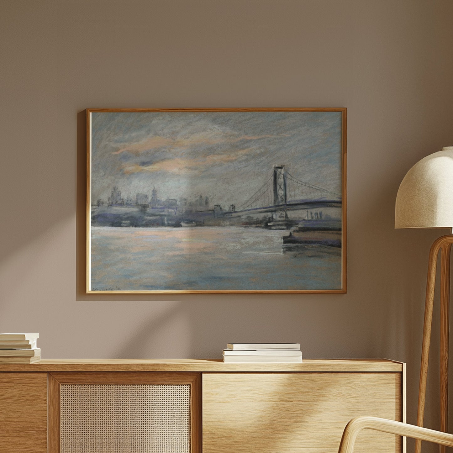 Premium Poster of Serene Cityscape with Bridge and River View Posters