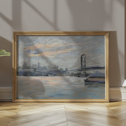 Premium Poster of Serene Cityscape with Bridge and River View Posters