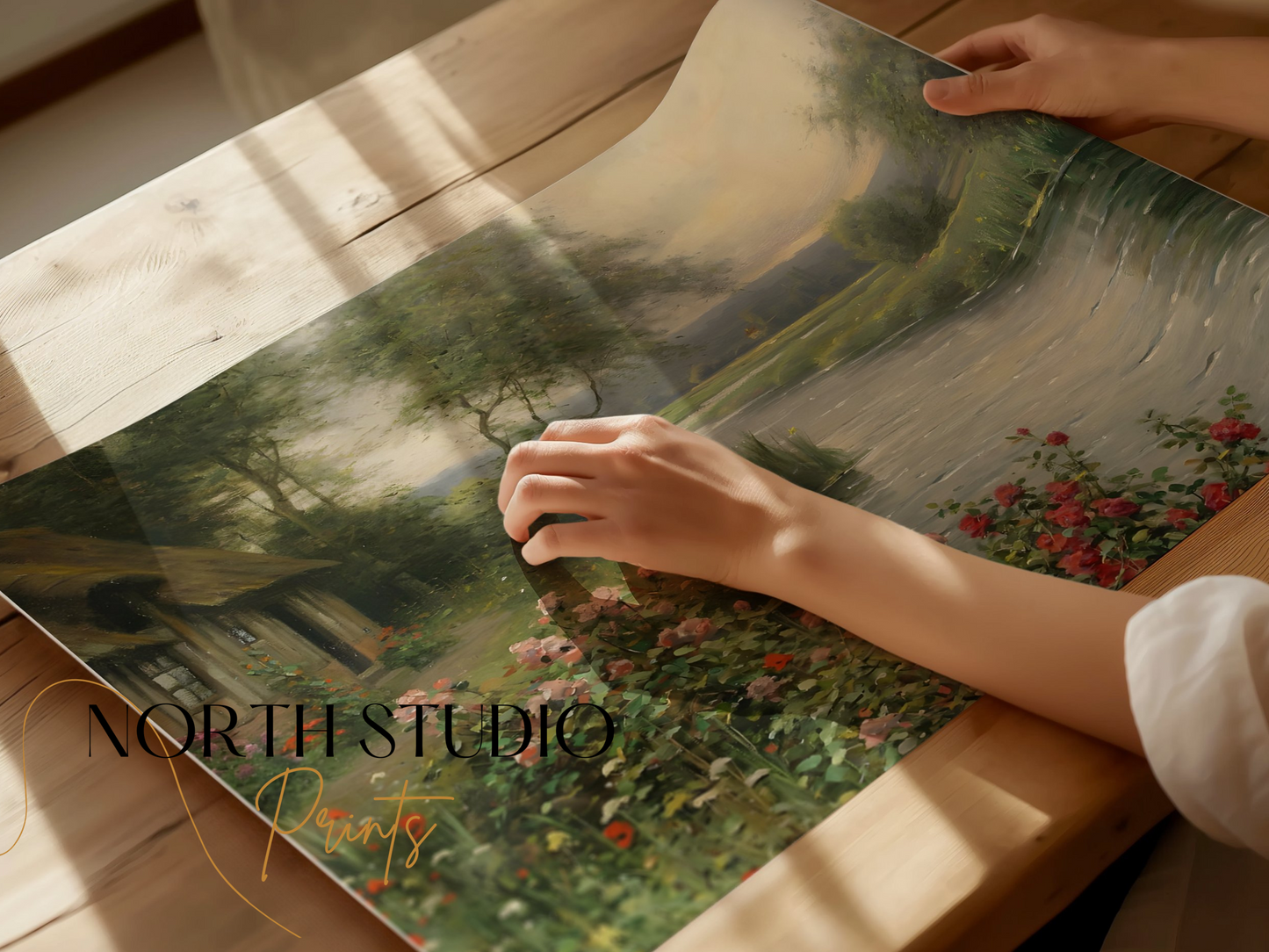 Premium Poster of Serene Cottage River View with Flower Bush Posters