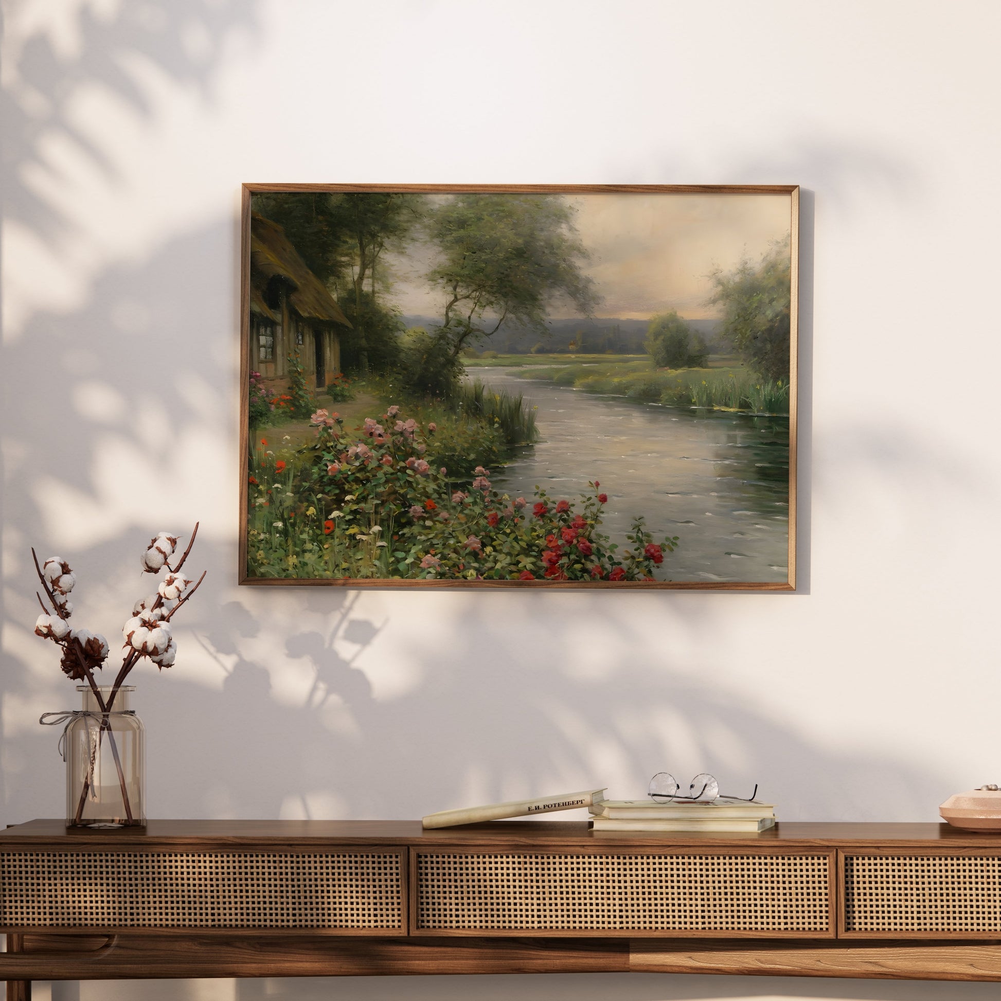 Premium Poster of Serene Cottage River View with Flower Bush Posters