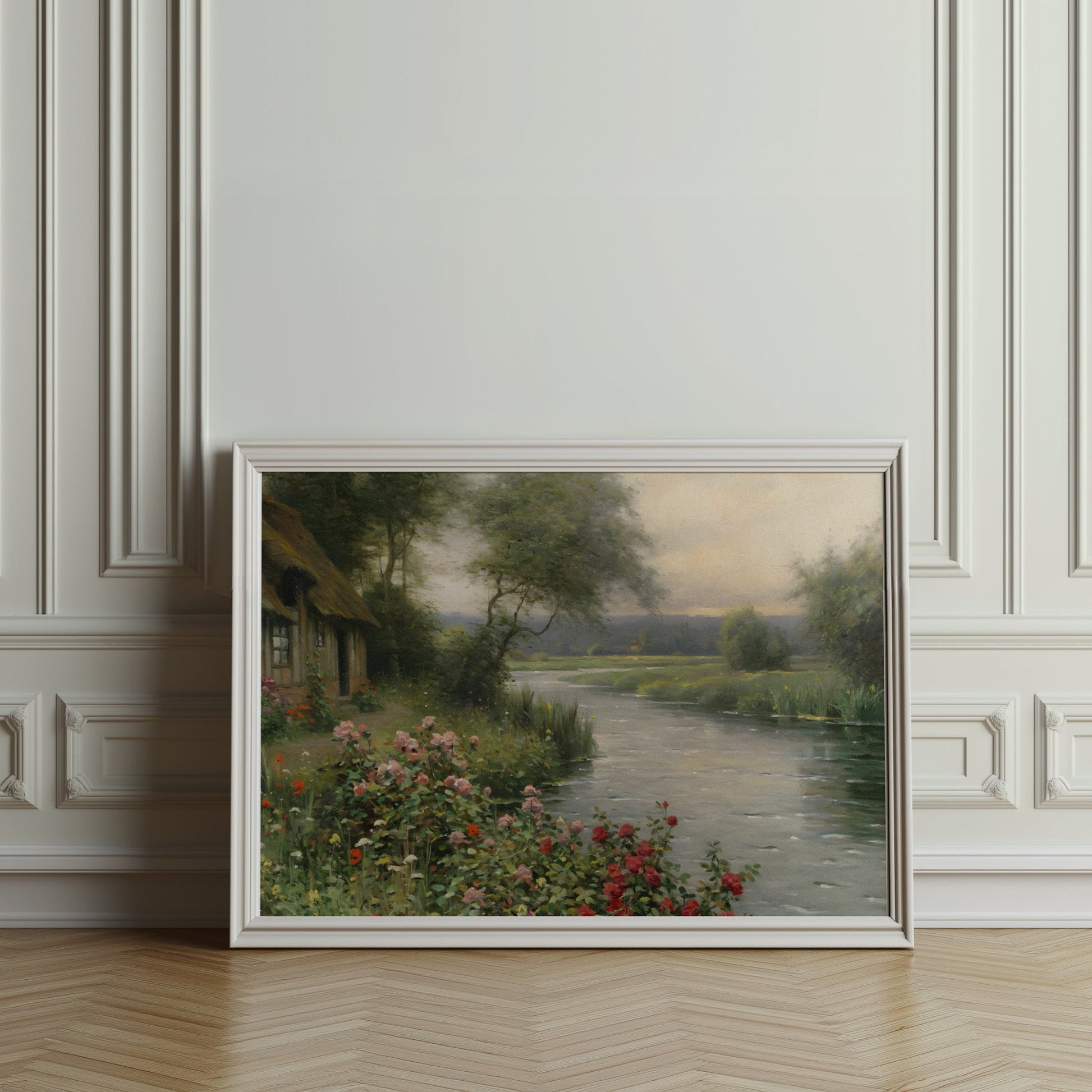 Premium Poster of Serene Cottage River View with Flower Bush Posters
