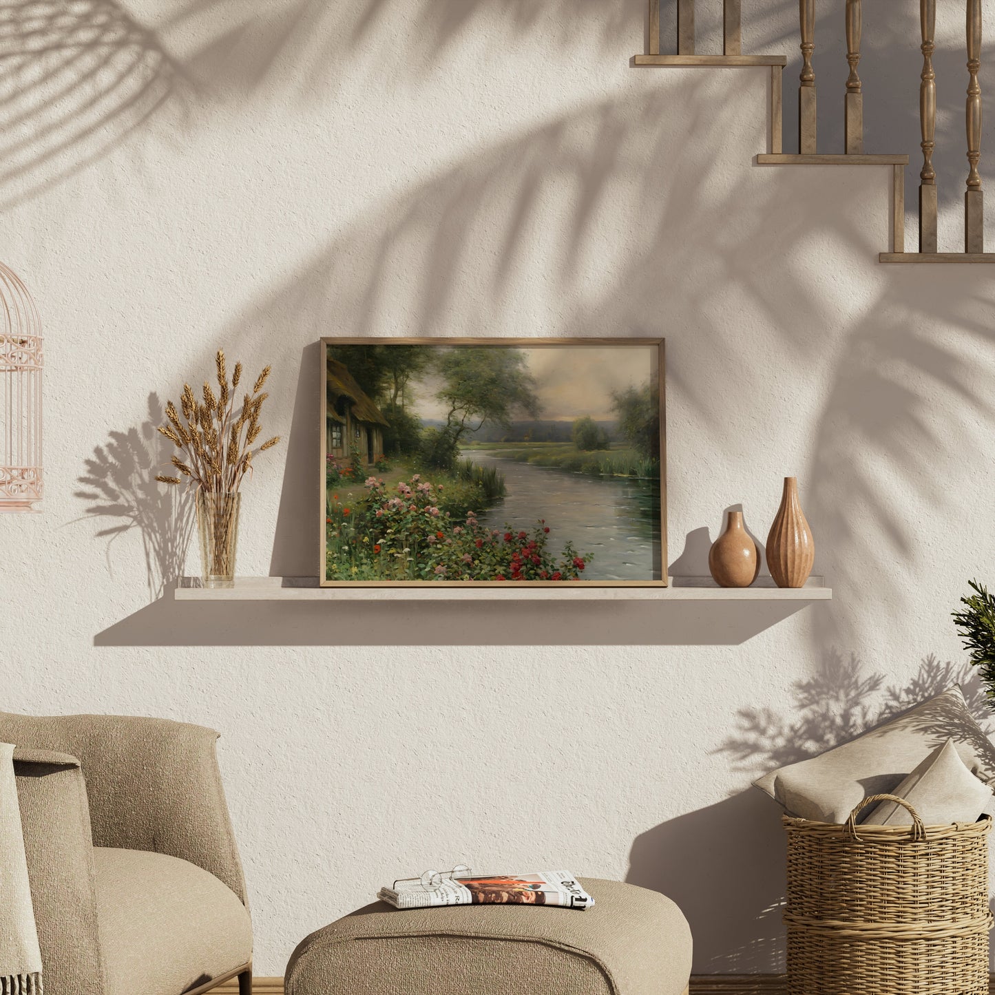 Premium Poster of Serene Cottage River View with Flower Bush Posters