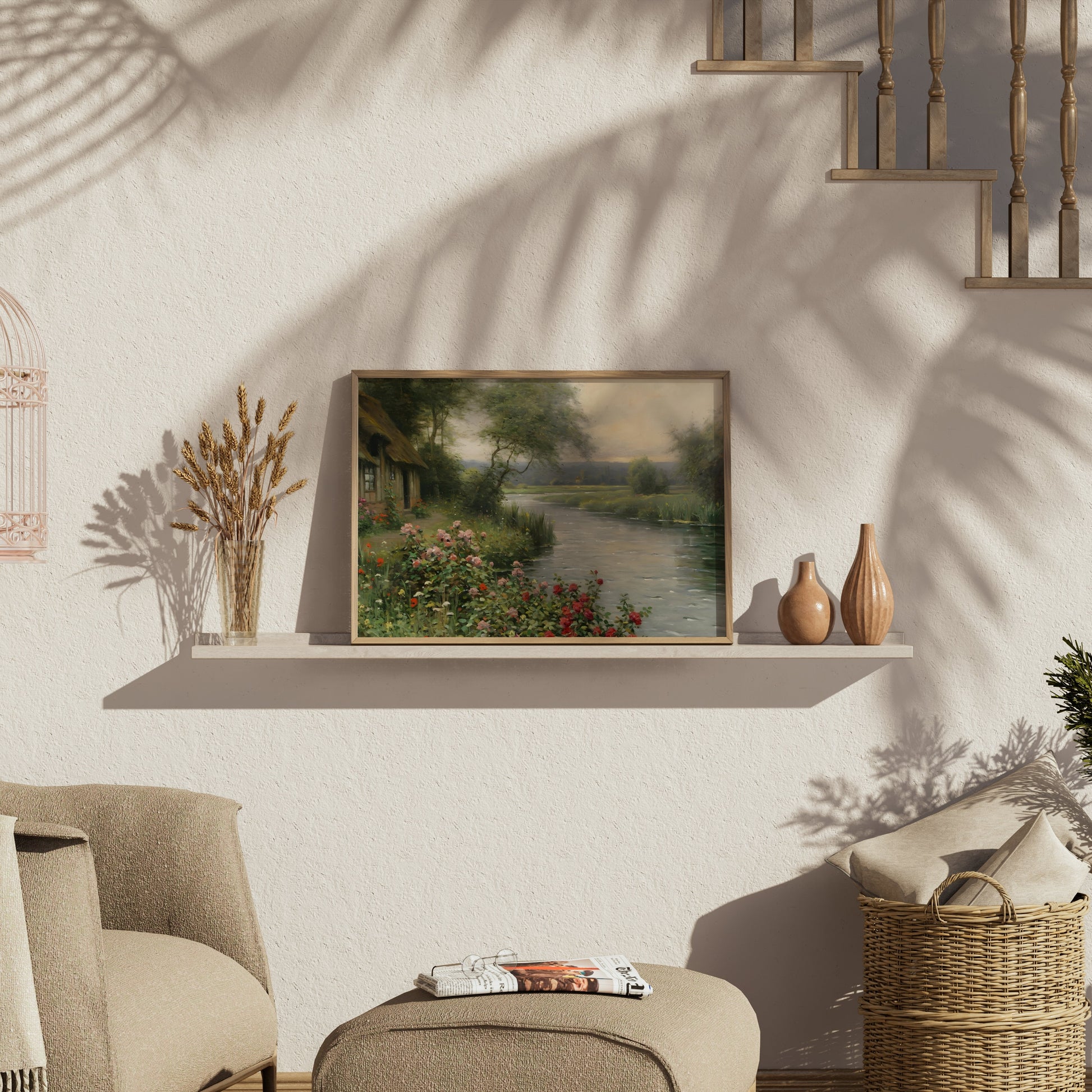 Premium Poster of Serene Cottage River View with Flower Bush Posters