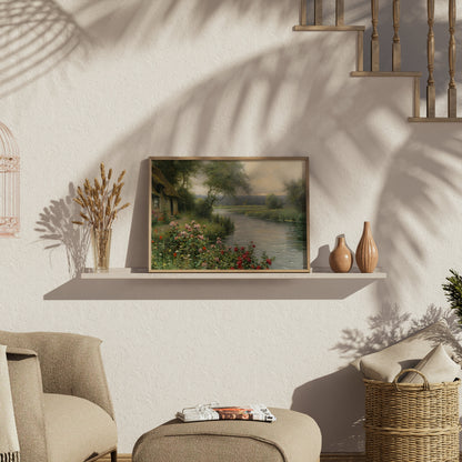 Premium Poster of Serene Cottage River View with Flower Bush Posters