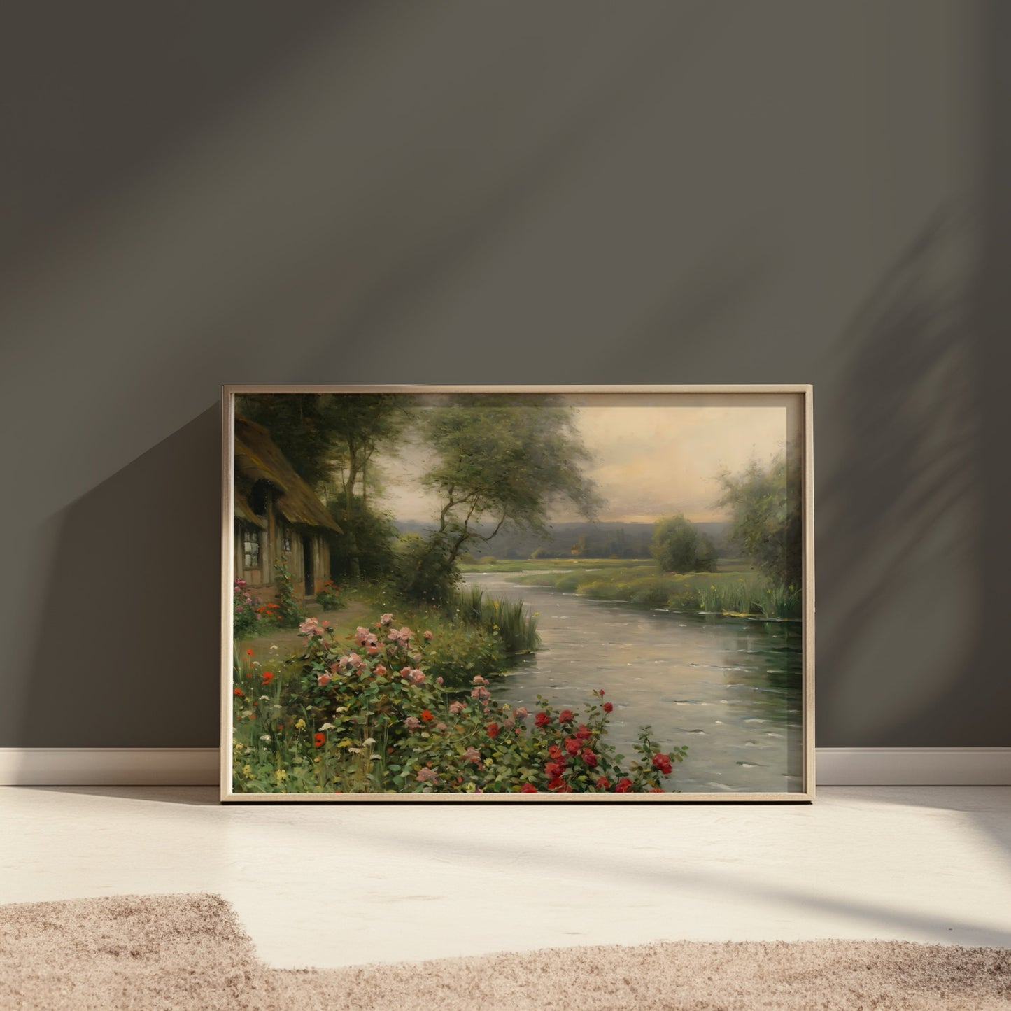 Premium Poster of Serene Cottage River View with Flower Bush Posters