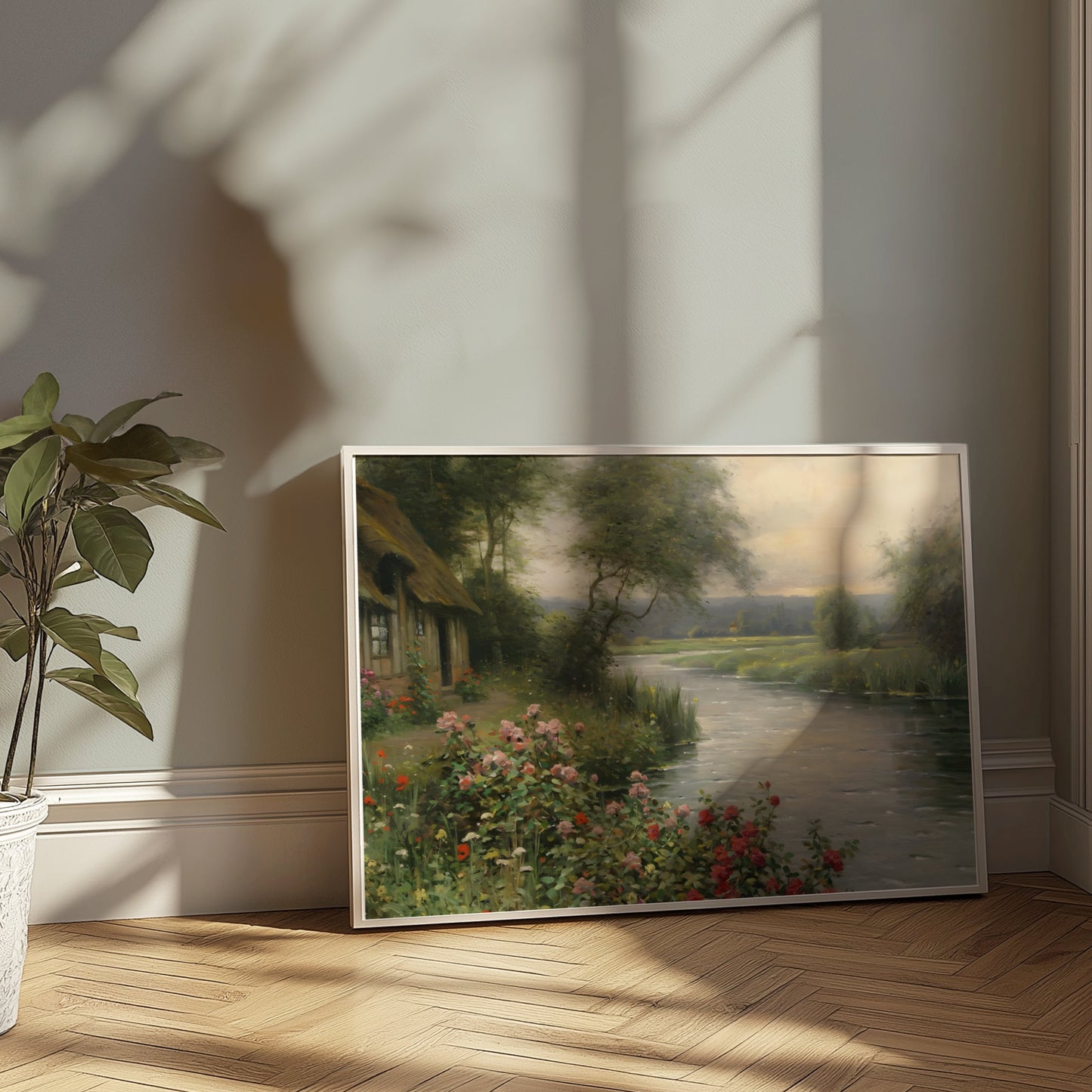 Premium Poster of Serene Cottage River View with Flower Bush Posters