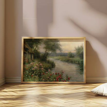 Premium Poster of Serene Cottage River View with Flower Bush Posters