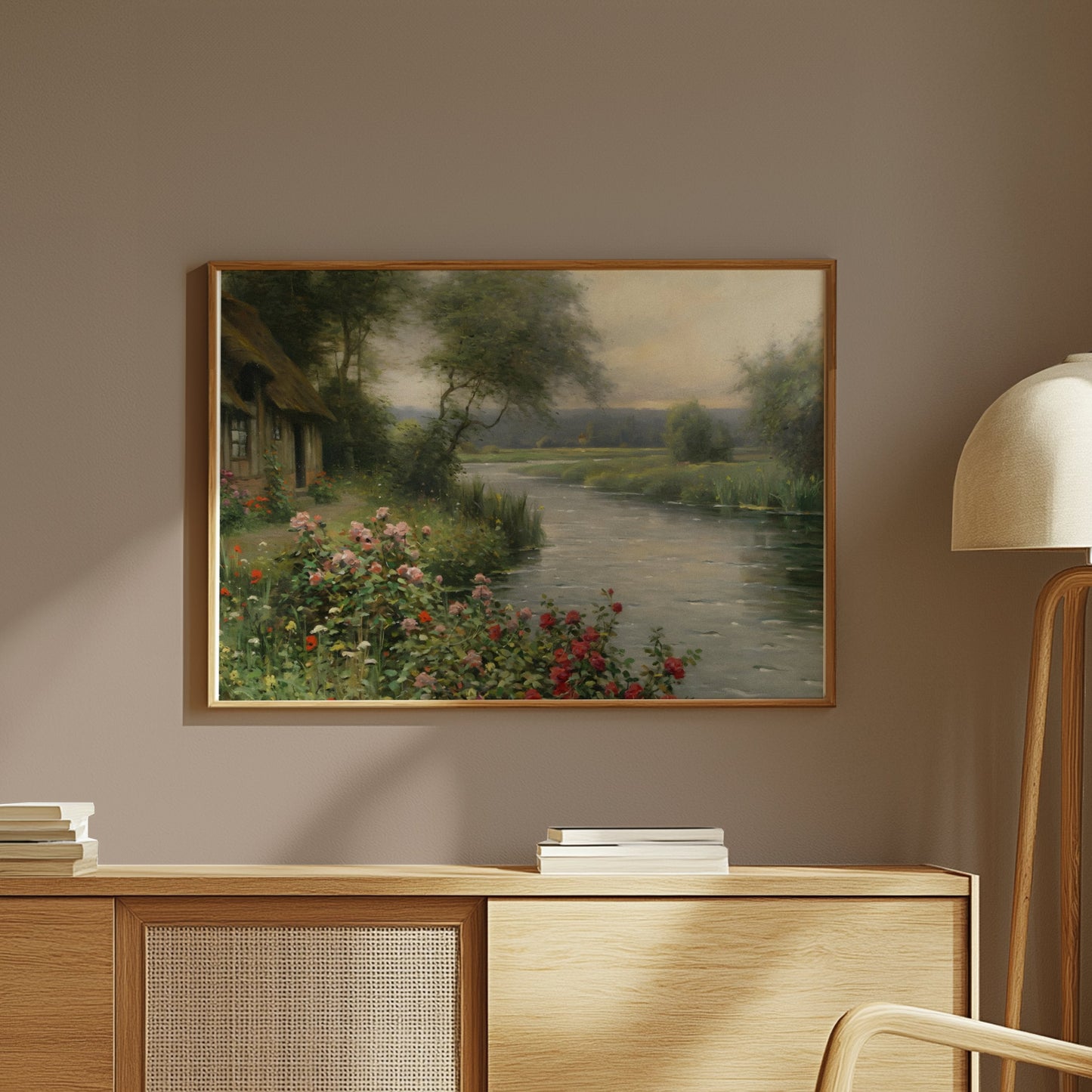Premium Poster of Serene Cottage River View with Flower Bush Posters