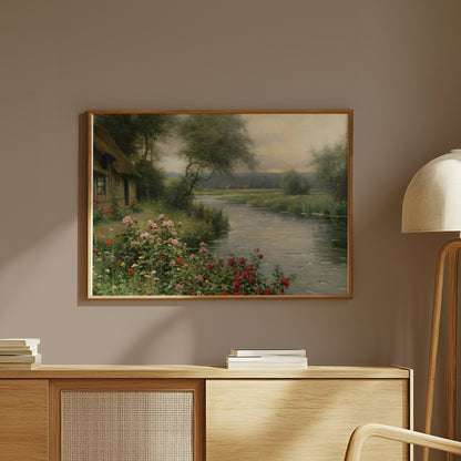 Premium Poster of Serene Cottage River View with Flower Bush Posters