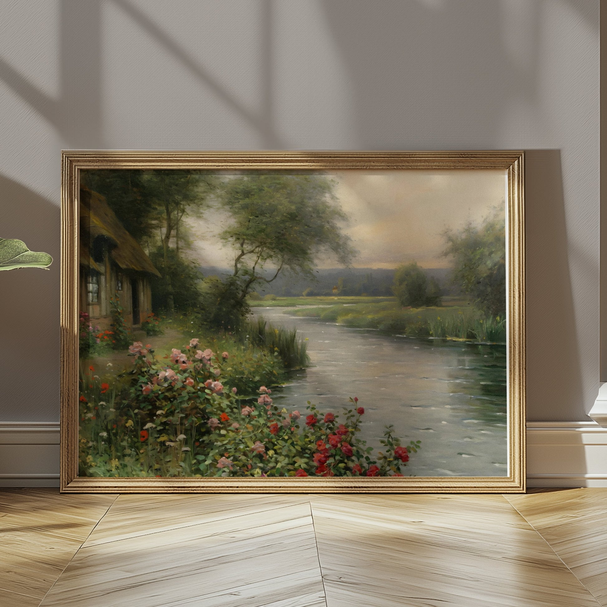 Premium Poster of Serene Cottage River View with Flower Bush Posters