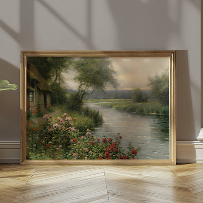 Premium Poster of Serene Cottage River View with Flower Bush Posters