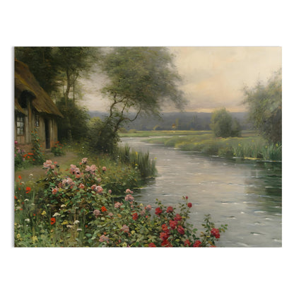 Premium Poster of Serene Cottage River View with Flower Bush Posters