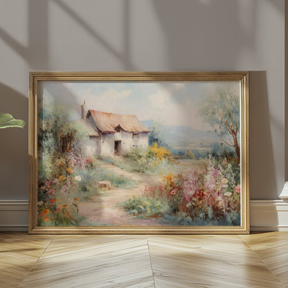 Premium Poster of Serene Countryside Cottage with Blooming Flowers Posters