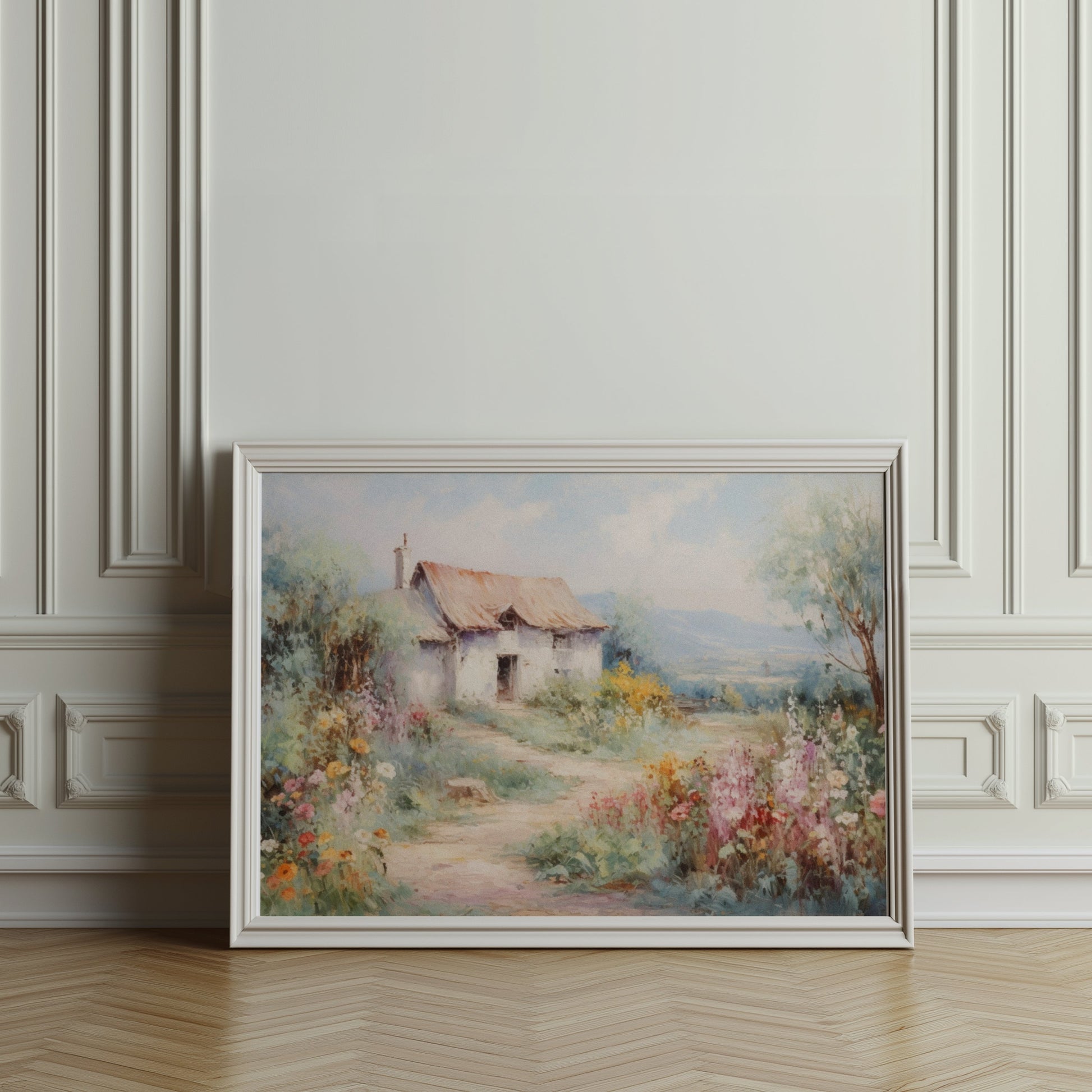Premium Poster of Serene Countryside Cottage with Blooming Flowers Posters