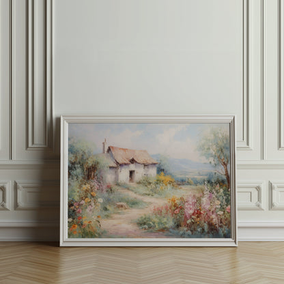 Premium Poster of Serene Countryside Cottage with Blooming Flowers Posters