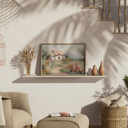 Premium Poster of Serene Countryside Cottage with Blooming Flowers Posters