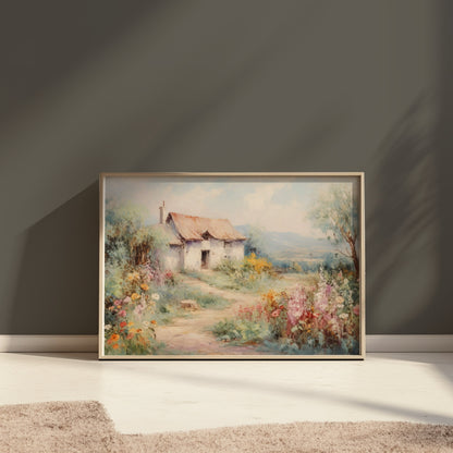 Premium Poster of Serene Countryside Cottage with Blooming Flowers Posters