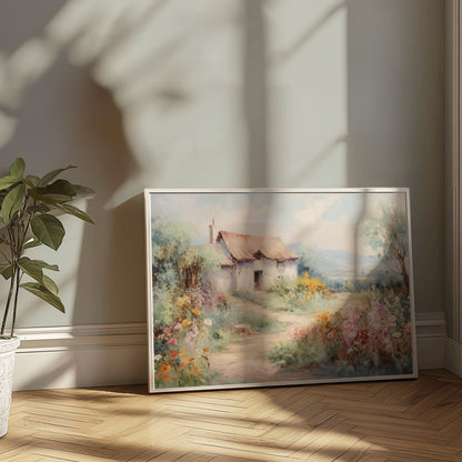 Premium Poster of Serene Countryside Cottage with Blooming Flowers Posters
