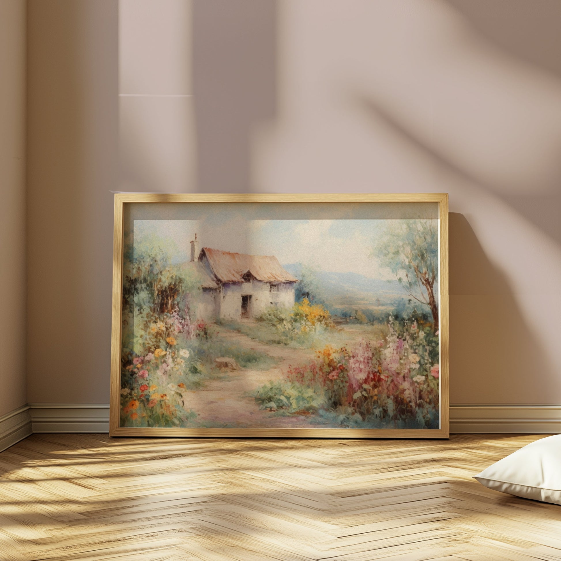 Premium Poster of Serene Countryside Cottage with Blooming Flowers Posters