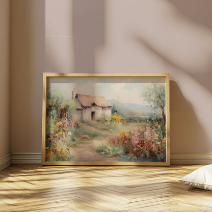 Premium Poster of Serene Countryside Cottage with Blooming Flowers Posters
