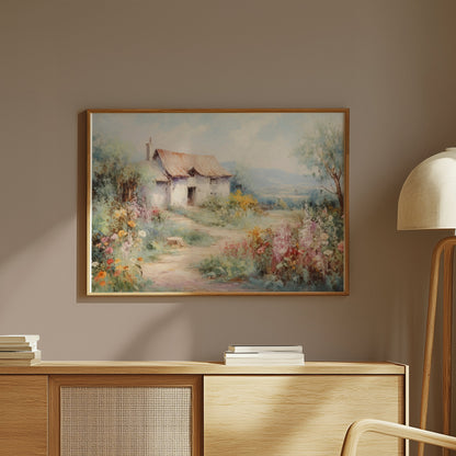 Premium Poster of Serene Countryside Cottage with Blooming Flowers Posters