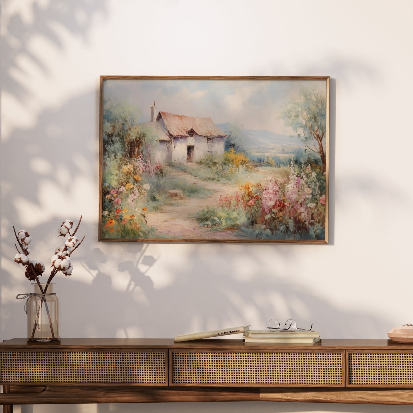 Premium Poster of Serene Countryside Cottage with Blooming Flowers Posters
