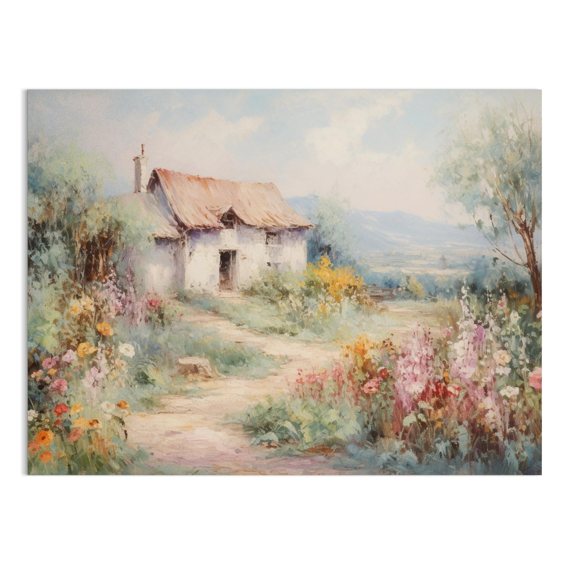 Premium Poster of Serene Countryside Cottage with Blooming Flowers Posters