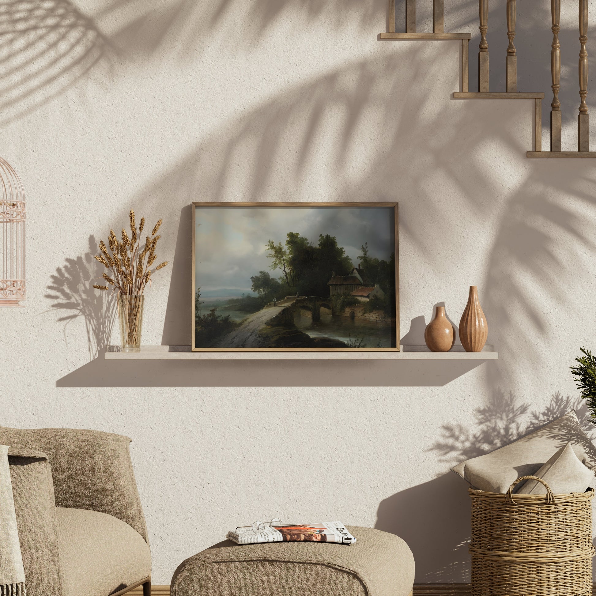 Premium Poster of Serene Countryside Cottage with Bridge Art Posters