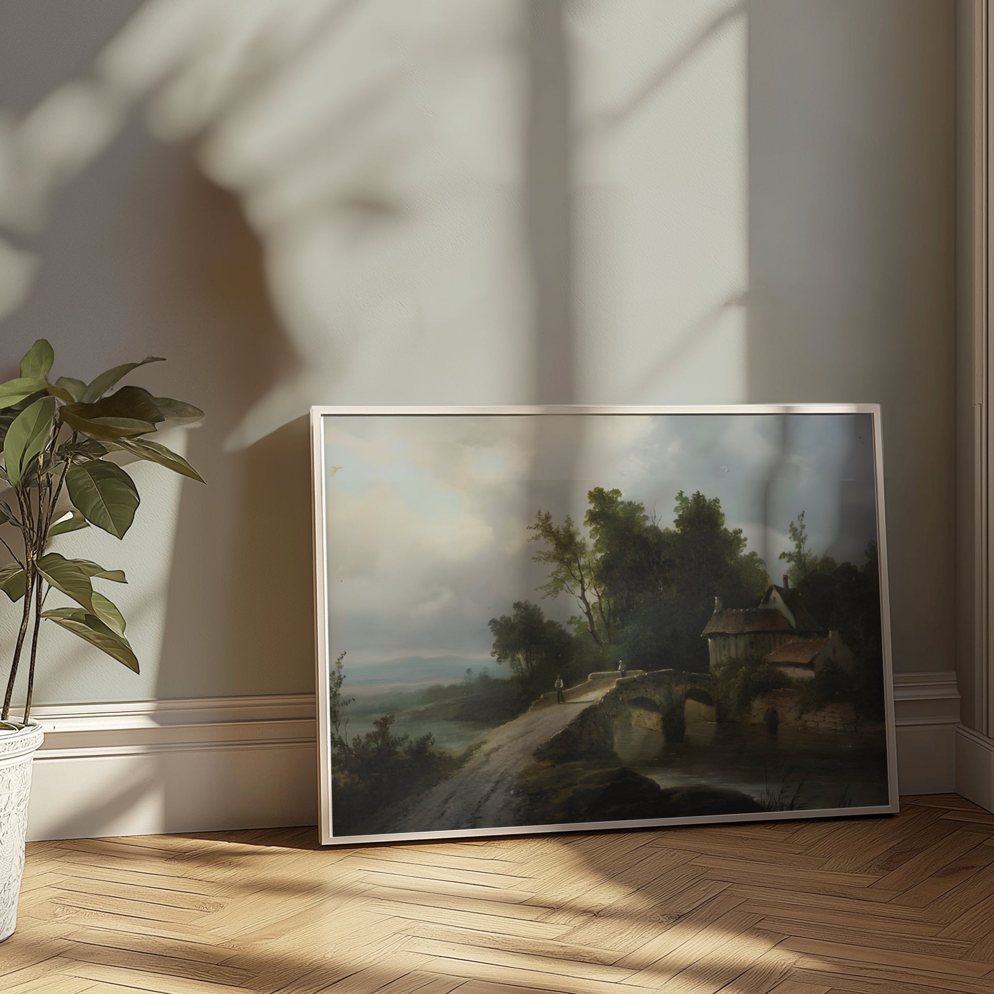 Premium Poster of Serene Countryside Cottage with Bridge Art Posters